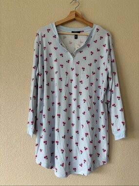 Aqua Lounge Light Blue Cherry Print Henley Nightshirt- NWT